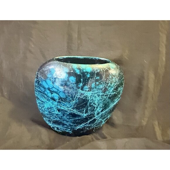 Abstract Oval Teal-Blue/Black Cobalt Glass Vase - Picture 1 of 16